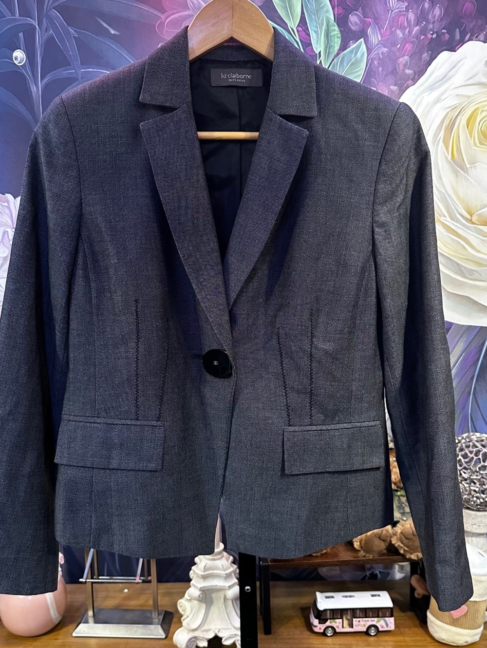 Liz Claiborne 6P Petite Gray Blazer Single Button Office Workwear Tailored